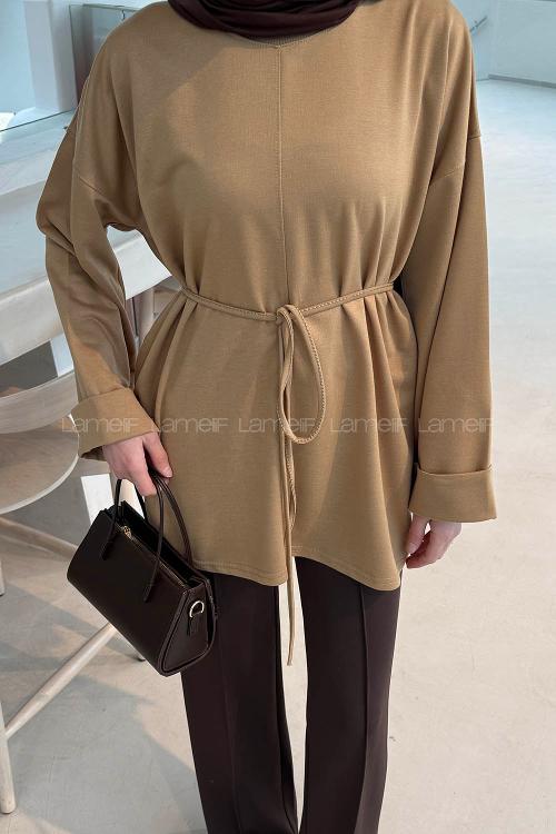 Lamelif Yırtmaç Detaylı Sweat Soft Kahve