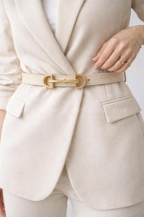 Lamelif Massi Çif Tokalı Kemer Krem Gold