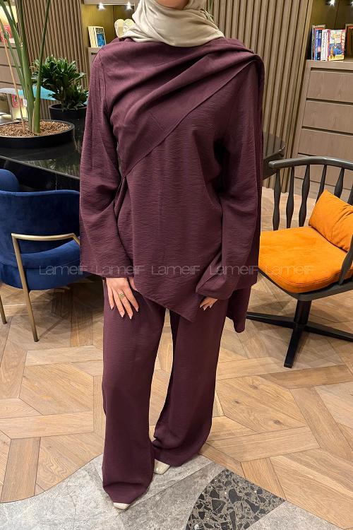 Lamelif Atkılı Modal İkili Takım Mürdüm