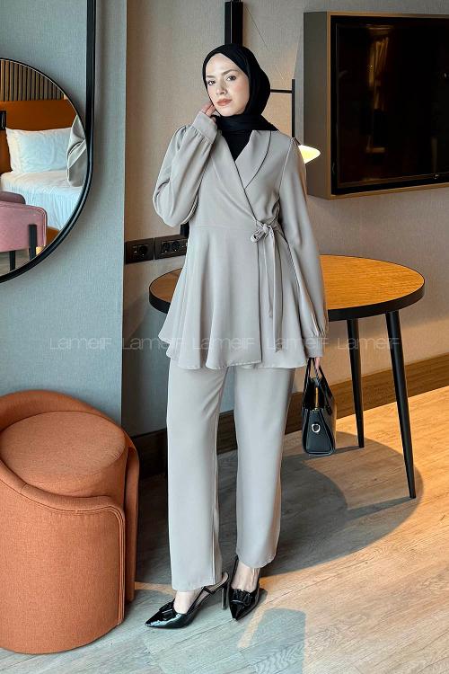 Mink V Neck Long Arm Cotton Regular Trousers Comfortable Suit