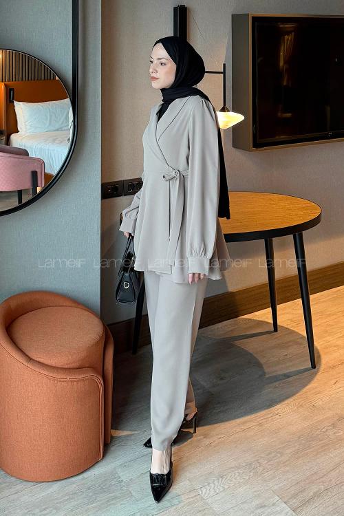 Mink V Neck Long Arm Cotton Regular Trousers Comfortable Suit