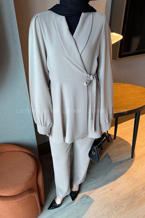 Mink V Neck Long Arm Cotton Regular Trousers Comfortable Suit