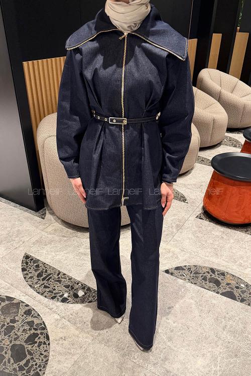 Lamelif Belden Oturtmalı Kemerli Takım Koyu Mavi