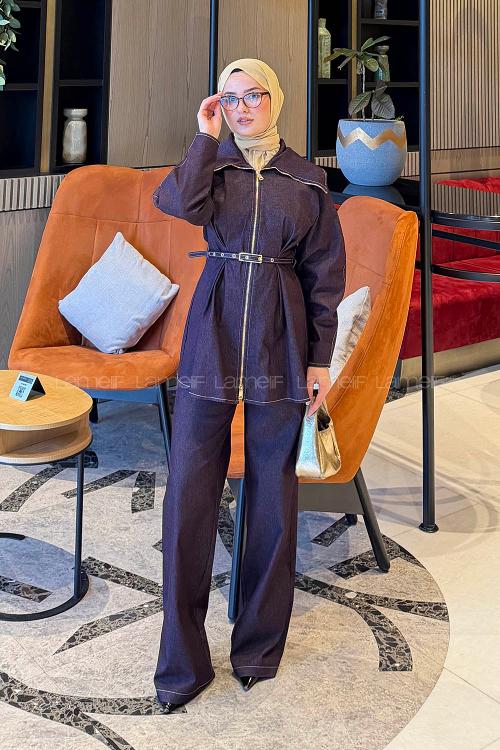 Lamelif Belden Oturtmalı Kemerli Takım Mor