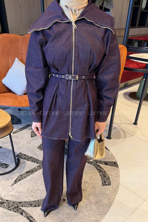 Lamelif Belden Oturtmalı Kemerli Takım Mor