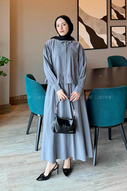 Lamelif Büzgü Detaylı Etekli Takım Antrasit