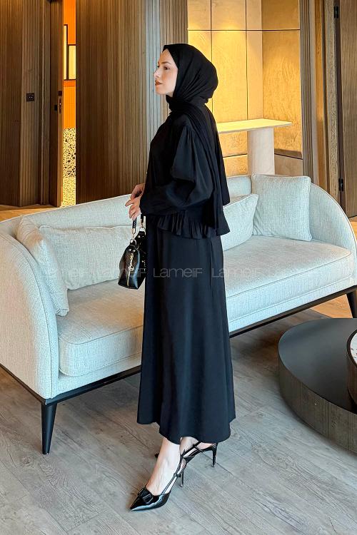 Black Shirt Collar Long Arm Cotton Flared Skirt Suit