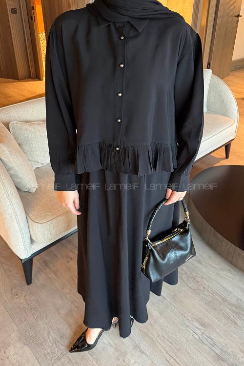 Black Shirt Collar Long Arm Cotton Flared Skirt Suit