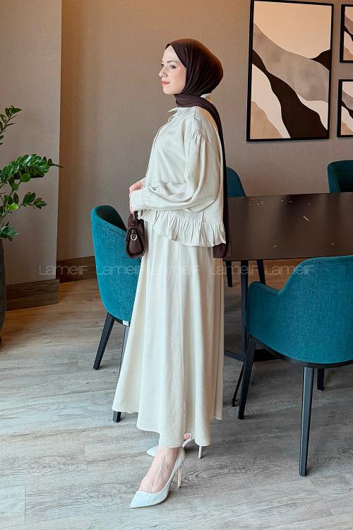 Lamelif Büzgü Detaylı Etekli Takım Taş Rengi