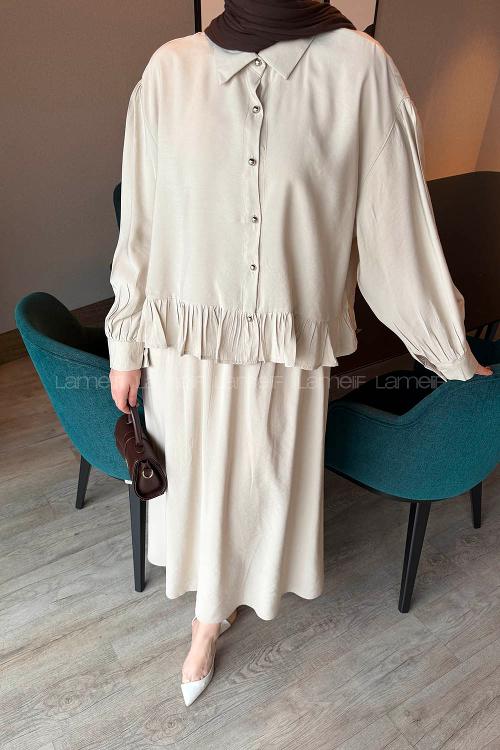 Lamelif Büzgü Detaylı Etekli Takım Taş Rengi