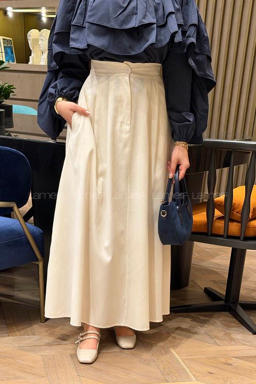 Lamelif Cep Detaylı Kloş Keten Etek Krem