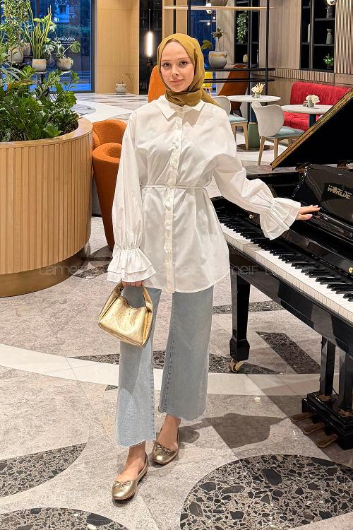 Lamelif Fırfırlı Bağlama Detaylı Gömlek Beyaz