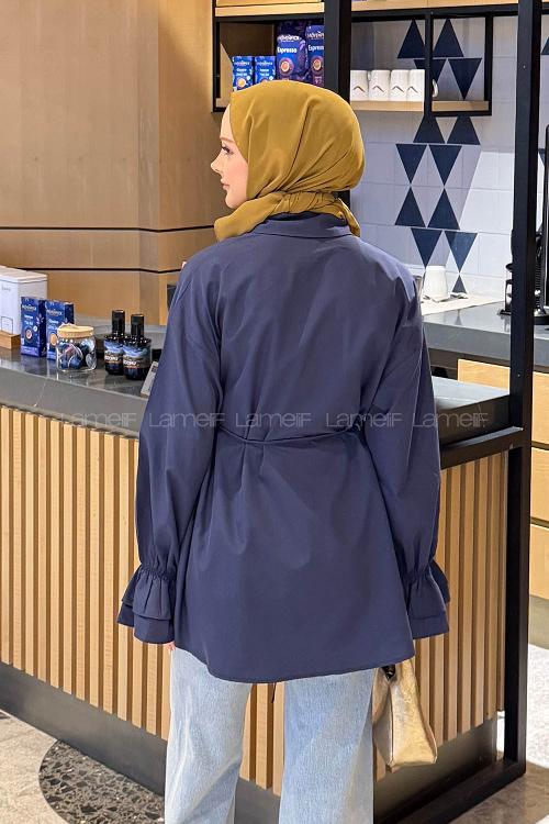 Lamelif Fırfırlı Bağlama Detaylı Gömlek Lacivert