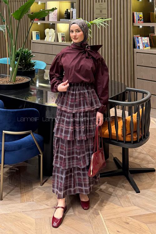 Lamelif Fular Detaylı Şifon Etekli Takım Mürdüm