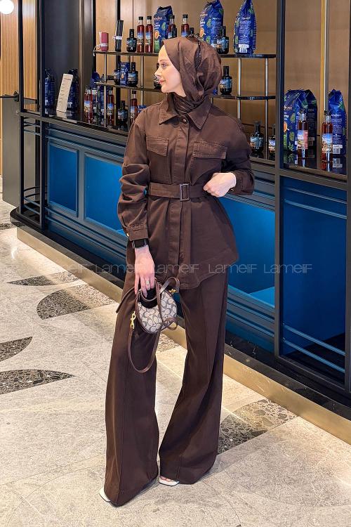 Lamelif Kemerli Denim Takım Kahverengi