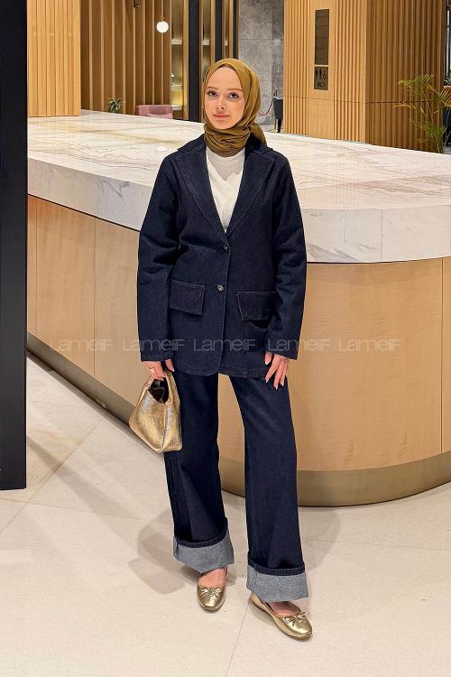 Lamelif Kot Ceket-Pantolon Takım Koyu Mavi
