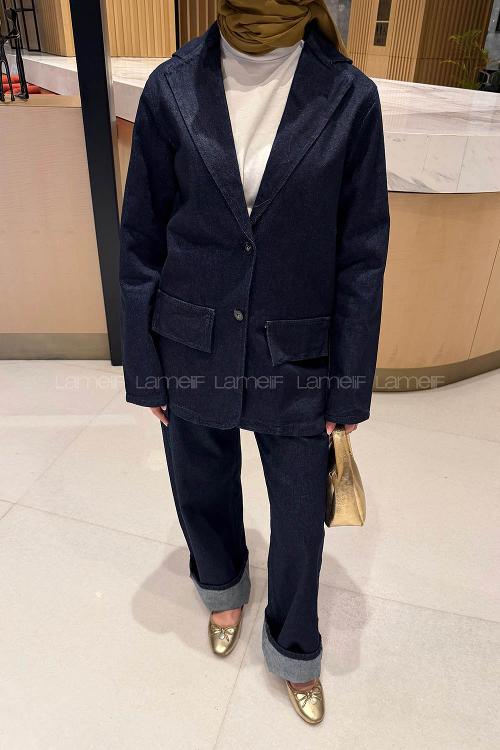 Lamelif Kot Ceket-Pantolon Takım Koyu Mavi