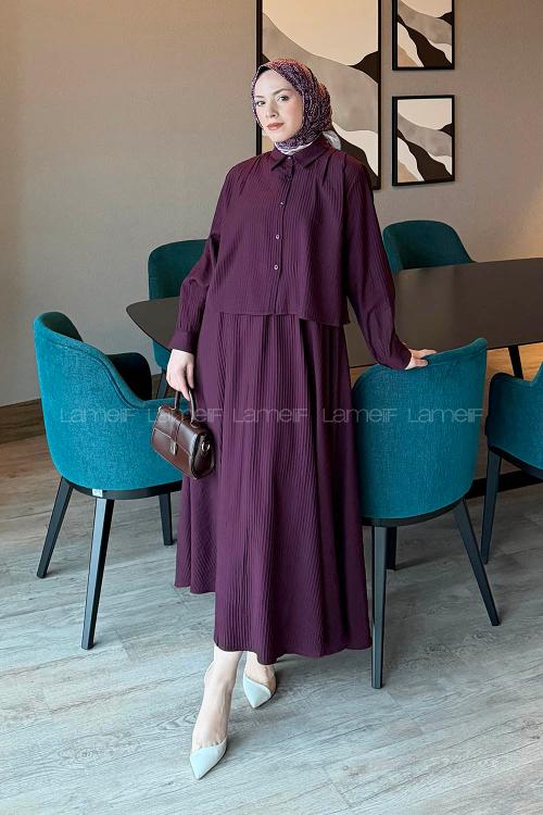 Lamelif Pileli Etekli İkili Takım Mürdüm