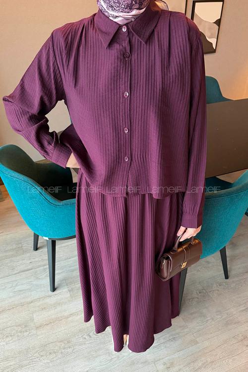 Lamelif Pileli Etekli İkili Takım Mürdüm