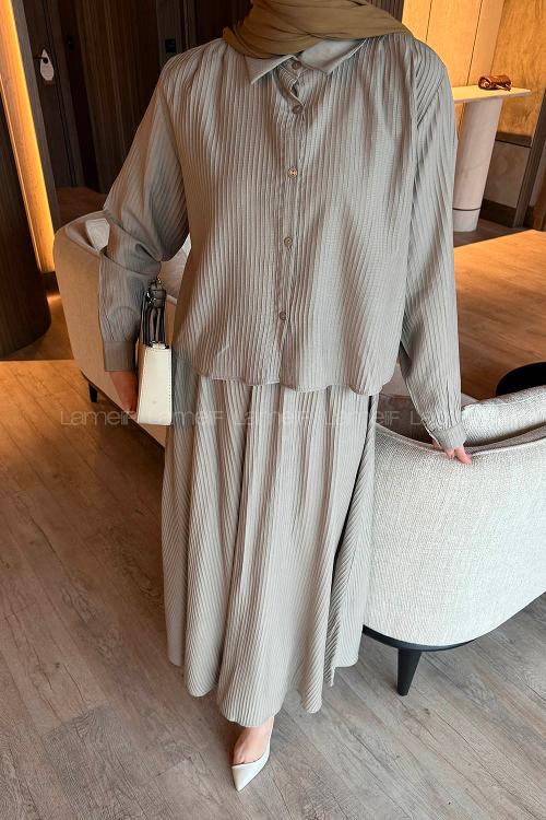 Lamelif Pileli Etekli İkili Takım Taş Rengi