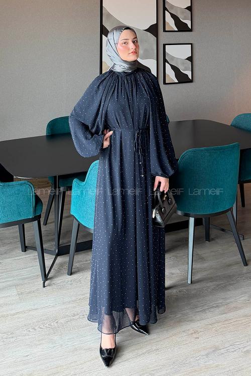 Lamelif Şifon Tesettür Elbise Lacivert
