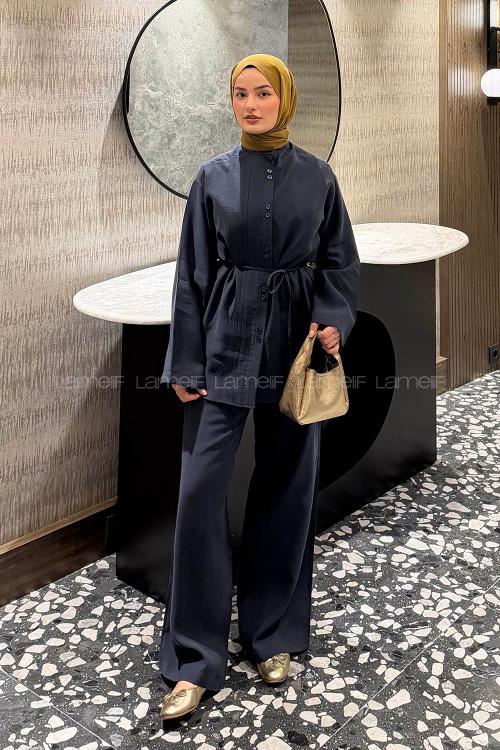 Navy Blue Neckband Long Arm Tensel Regular Trousers Comfortable Suit