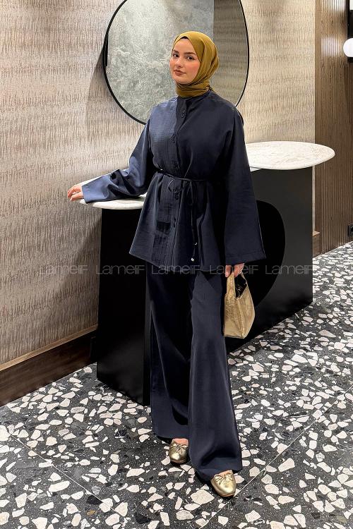 Navy Blue Neckband Long Arm Tensel Regular Trousers Comfortable Suit