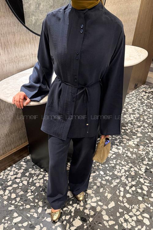 Navy Blue Neckband Long Arm Tensel Regular Trousers Comfortable Suit
