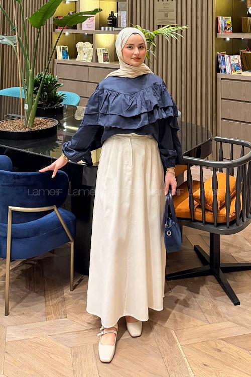 Lamelif Volanlı Bluz Lacivert