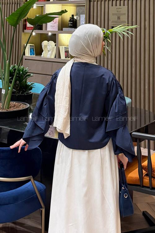 Lamelif Volanlı Bluz Lacivert
