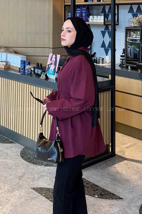 Lamelif Bağlama Detaylı Oversize Tunik Bordo