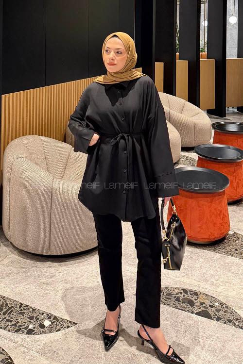 Lamelif Bağlama Detaylı Oversize Tunik Siyah
