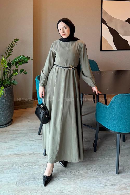 Lamelif Toka Detaylı Tensel Elbise Haki
