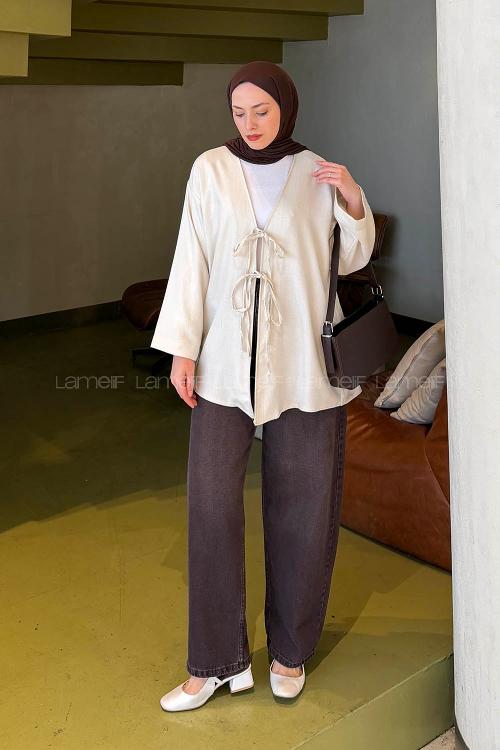 Lamelif Bağlama Detaylı Kimono Taş Rengi
