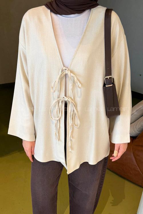 Lamelif Bağlama Detaylı Kimono Taş Rengi