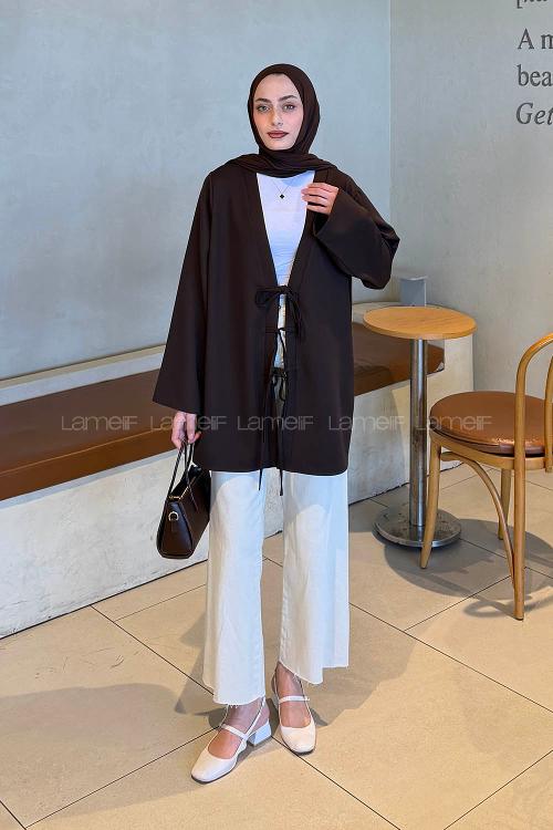 Lamelif Bağlama Detaylı Kimono Tunik Acı Kahve