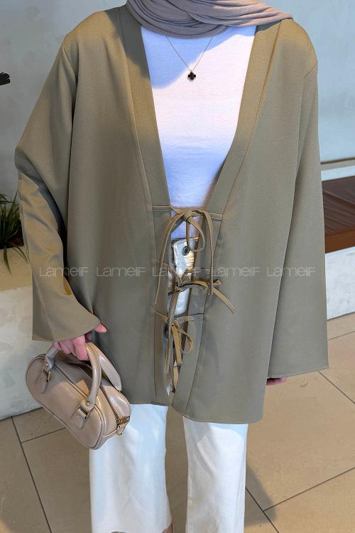 Lamelif Bağlama Detaylı Kimono Tunik Haki