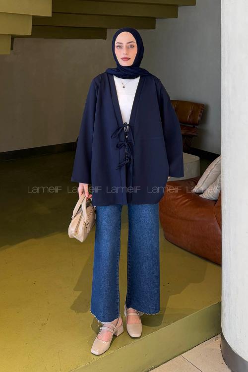 Lamelif Bağlama Detaylı Kimono Tunik Lacivert