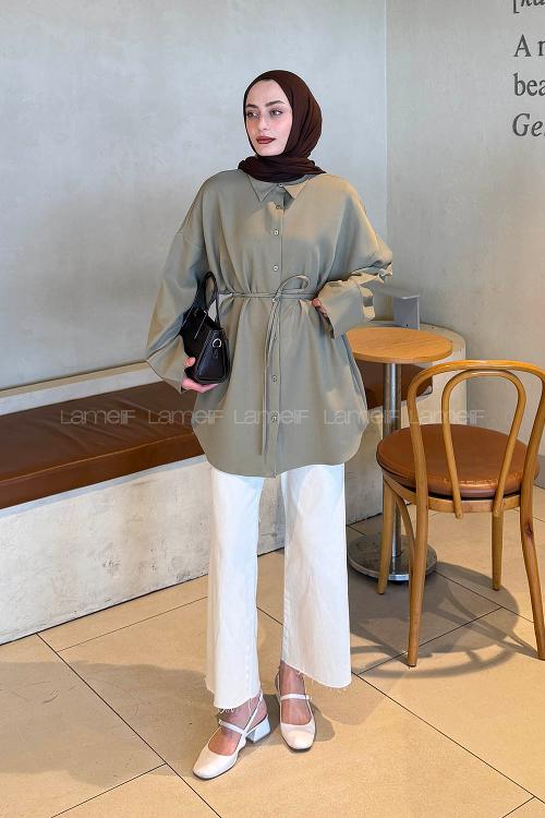 Lamelif Bağlama Detaylı Oversize Tunik Haki