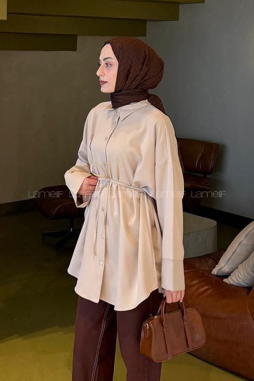 Lamelif Bağlama Detaylı Oversize Tunik Taş Rengi