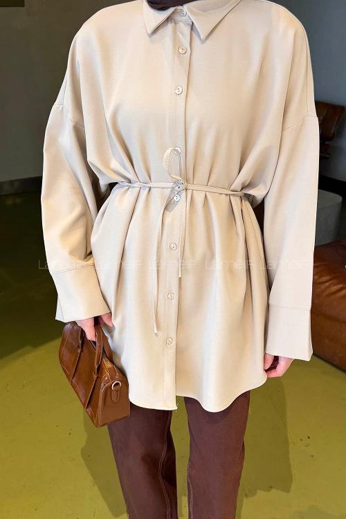 Lamelif Bağlama Detaylı Oversize Tunik Taş Rengi