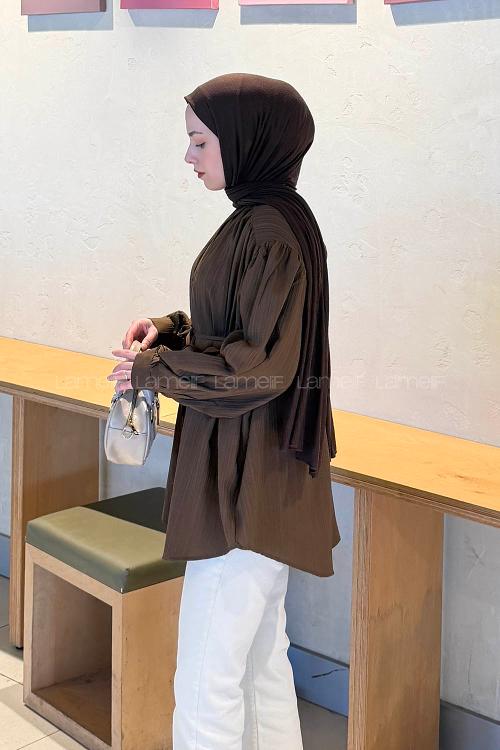Lamelif Bağlama Detaylı Tesettür Gömlek Acı Kahve