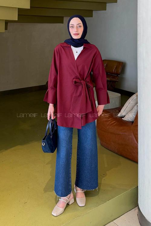 Lamelif Bağlama Detaylı Tesettür Gömlek Bordo