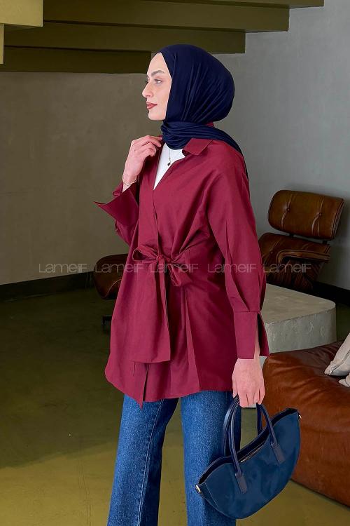 Lamelif Bağlama Detaylı Tesettür Gömlek Bordo