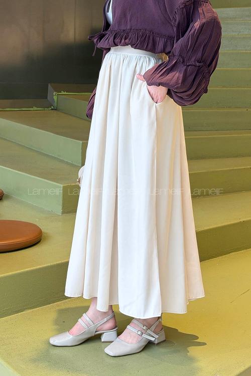 Lamelif Bel Lastikli Cep Detaylı Etek Krem