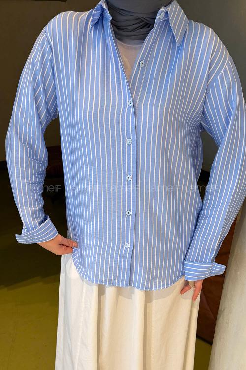 Lamelif Çizgili Modal Gömlek Mavi