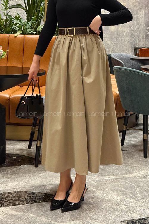 Lamelif Kemerli Büzgülü Etek Haki