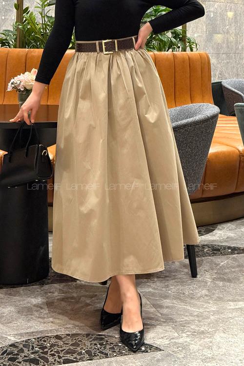 Lamelif Kemerli Büzgülü Etek Haki