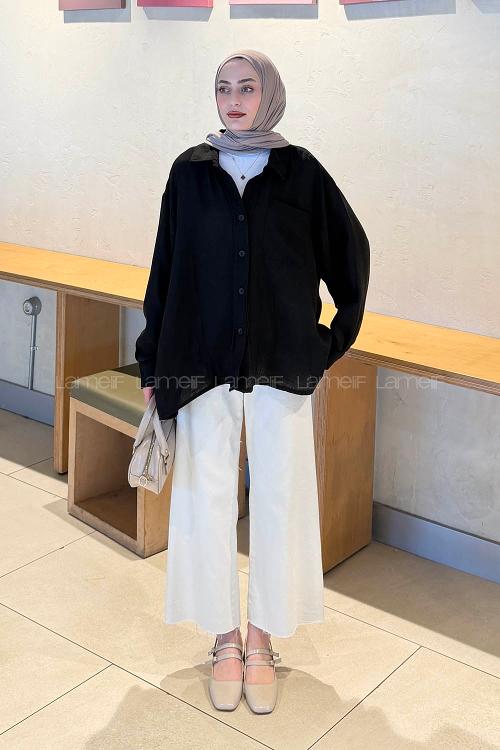 Lamelif Müslin Kumaş Oversize Gömlek Siyah