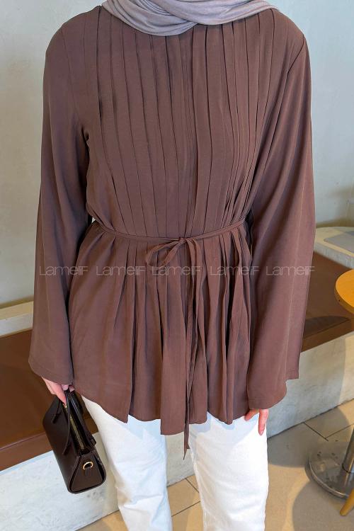 Lamelif Önü Pileli Tunik Kahverengi